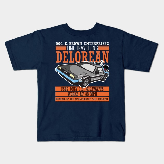 Doc E Brown Enterprises Time Travelling Delorean Kids T-Shirt by Meta Cortex